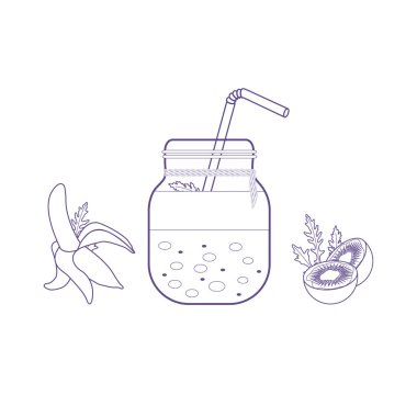 Smoothies ve güler yüzlü yapmak için malzemeler ile jar. Sağlıklı beslenme alışkanlıkları. Kolay pişirme işlemi.