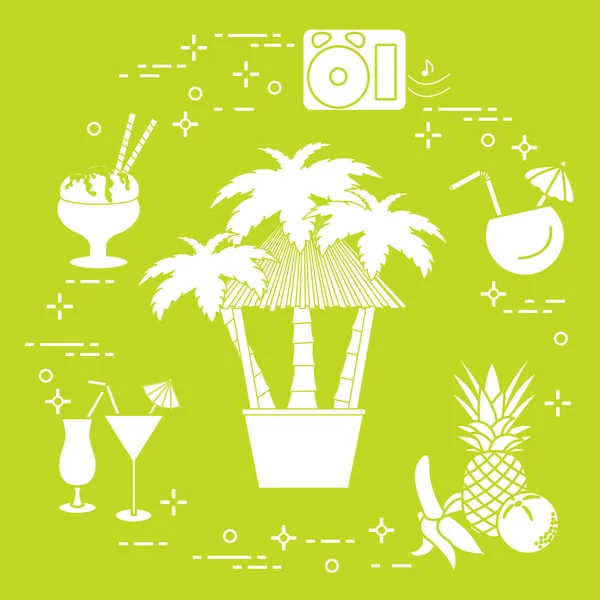 Sahilde, palmiye ağaçları, kokteyller, dondurma, müzik hoparlörler, muz, ananas, portakal Bar.