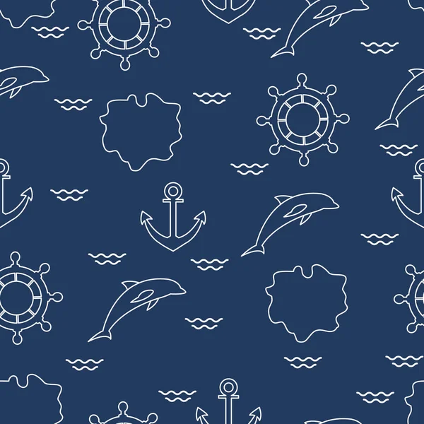 Seamless Pattern Dolphins Anchors Steering Wheels Waves Islands Summer Leisure — Stock Vector