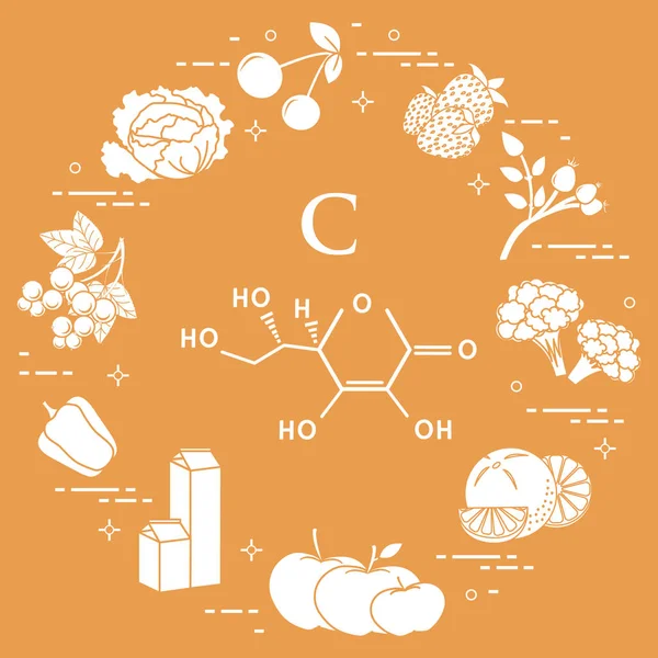 Lebensmittel Reich Vitamin Kirsche Erdbeere Hundsrose Blumenkohl Orange Äpfel Milch — Stockvektor