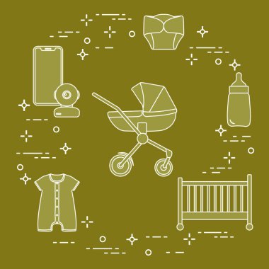 Bebekler için ürünler. Puset, beşik, Bebek telsizi, şişe, su geçirmez Külot, Tulum.