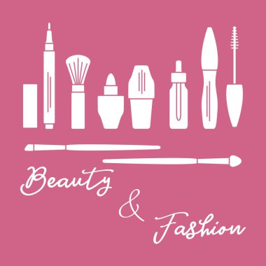 Makyaj. Dekoratif kozmetik Kozmetik yağı. Glamour moda moda stil. Göz kalemi, fırçalar, ruj, Kozmetik yağı, aplikatör, maskara.