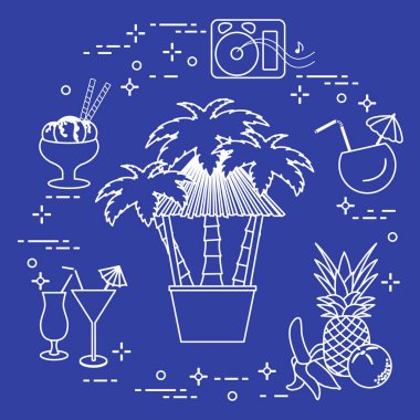 Sahilde, palmiye ağaçları, kokteyller, dondurma, müzik hoparlörler, muz, ananas, portakal Bar.