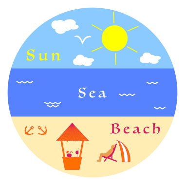 Güneş, bulutlar, kuş, deniz, dalgalar, plaj, çapa, bar, şezlong, tente. Yaz eğlence.