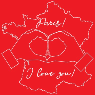 El bir kalp şekil verme. Kule, Paris sembolü. Yazıt Paris seni seviyorum. Seyahat ve eğlence.