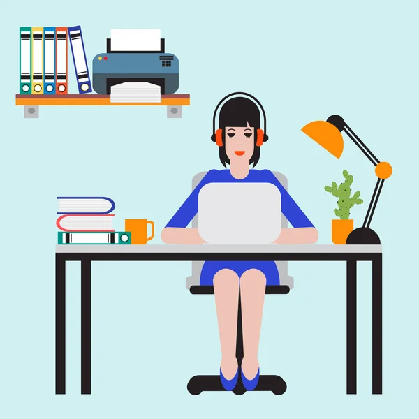 Mujer Sentada Mesa Trabajando Portátil Espacio Trabajo — Vector de stock