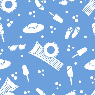 Şişme yatak, şişme daire, dondurma, şapka, Gözlük, plaj terlikleri ile Seamless modeli. Yaz dinlenme kavramı.