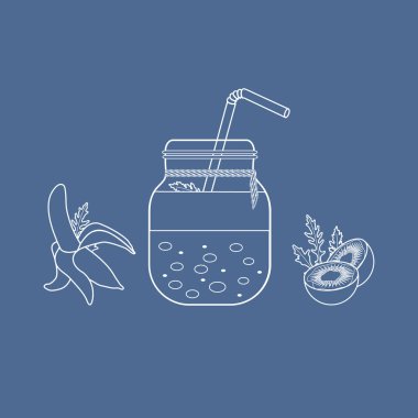 Smoothies ve güler yüzlü yapmak için malzemeler ile jar. Sağlıklı beslenme alışkanlıkları. Kolay pişirme işlemi.