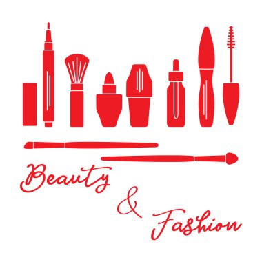 Makyaj. Dekoratif kozmetik Kozmetik yağı. Glamour moda moda stil. Göz kalemi, fırçalar, ruj, Kozmetik yağı, aplikatör, maskara.