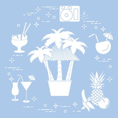 Sahilde, palmiye ağaçları, kokteyller, dondurma, müzik hoparlörler, muz, ananas, portakal Bar.