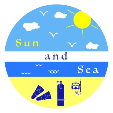 Güneş, bulutlar, kuşlar, deniz, dalgalar, plaj, maske, Tüp, palet, oksijen tüpü. Tasarım, yazdırma için şablon.