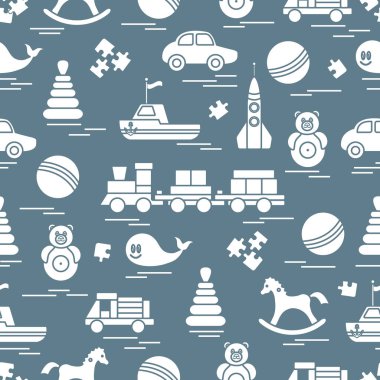Çocuk oyuncakları ile Seamless modeli. Tren, otomobil, toplar, sallanan at, Roly, balina, bulmacalar, Piramit, tekne.