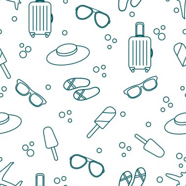 Bavul, dondurma, şapka, güneş gözlüğü, plaj terlikleri ile Seamless modeli. Yaz dinlenme kavramı.