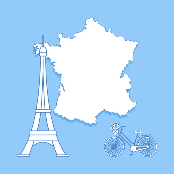 Mapa Francia Famosa Torre París Bicicleta Con Una Cesta Flores — Vector de stock