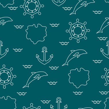 Yunuslar, çapa, direksiyon, dalgalar, Adaları ile Seamless modeli. Yaz eğlence.