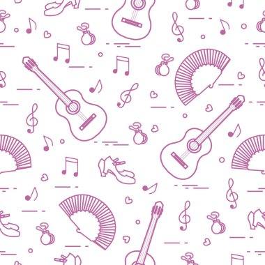 Fan, Ayakkabı, kastanyet, notlar, gitar ile Seamless modeli. Seyahat ve eğlence. İspanya'nın geleneksel semboller.