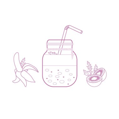 Smoothies ve güler yüzlü yapmak için malzemeler ile jar. Sağlıklı beslenme alışkanlıkları. Kolay pişirme işlemi.