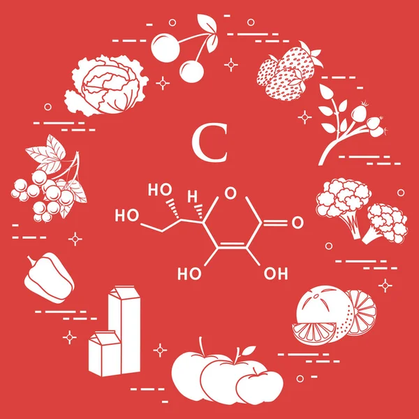 Foods Rich Vitamin Cherry Strawberry Dog Rose Cauliflower Orange Apples — Stock Vector