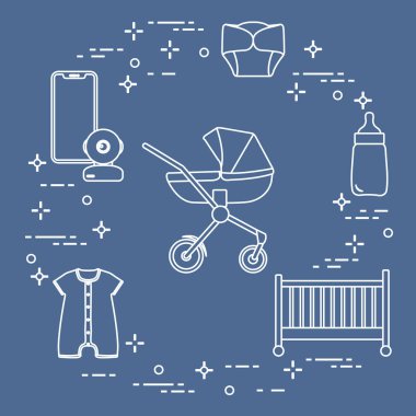 Bebekler için ürünler. Puset, beşik, Bebek telsizi, şişe, su geçirmez Külot, Tulum.