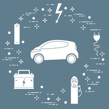 Elektrikli otomobil, pil, şarj istasyonu, elektrik güvenliği işareti, kablo, elektrik prizinden. Yeni ulaşım Çevre teknolojileri. 
