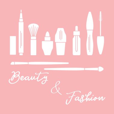 Makyaj. Dekoratif kozmetik Kozmetik yağı. Glamour moda moda stil. Göz kalemi, fırçalar, ruj, Kozmetik yağı, aplikatör, maskara.