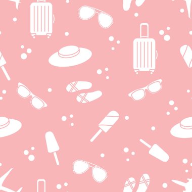 Bavul, dondurma, şapka, güneş gözlüğü, plaj terlikleri ile Seamless modeli. Yaz dinlenme kavramı.