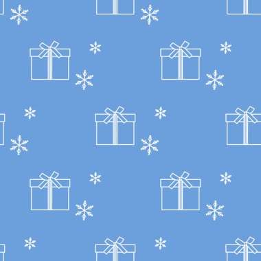 Hediye kutuları ile Seamless modeli şeritler ve kar taneleri ile bağlı. Tasarım kartpostal, davet, afiş için.