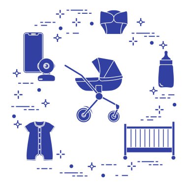 Bebekler için ürünler. Puset, beşik, Bebek telsizi, şişe, su geçirmez Külot, Tulum.