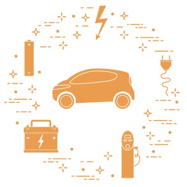 Elektrikli otomobil, pil, şarj istasyonu, elektrik güvenliği işareti, kablo, elektrik prizinden. Yeni ulaşım Çevre teknolojileri. 