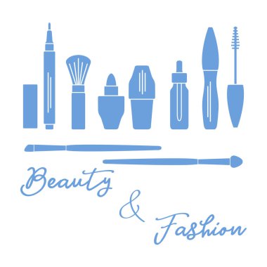 Makyaj. Dekoratif kozmetik Kozmetik yağı. Glamour moda moda stil. Göz kalemi, fırçalar, ruj, Kozmetik yağı, aplikatör, maskara.