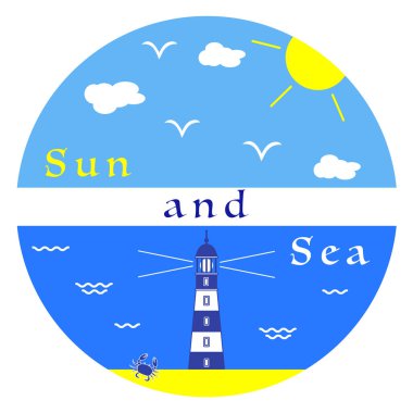 Güneş, bulutlar, kuşlar, deniz, dalgalar, plaj, deniz feneri, yengeç. Tasarım, yazdırma için şablon.
