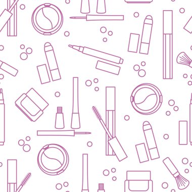 Dekoratif kozmetik seamless modeli. Makyaj. Göz kalemi, göz farı, fırça, krem, rimel. Glamour moda moda stil.