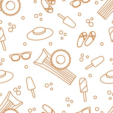 Şişme yatak, şişme daire, dondurma, şapka, Gözlük, plaj terlikleri ile Seamless modeli. Yaz dinlenme kavramı.