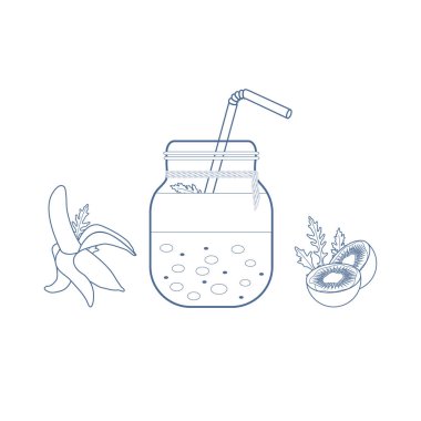 Smoothies ve güler yüzlü yapmak için malzemeler ile jar. Sağlıklı beslenme alışkanlıkları. Kolay pişirme işlemi.