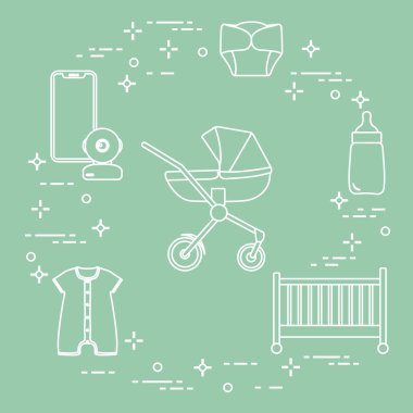 Bebekler için ürünler. Puset, beşik, Bebek telsizi, şişe, su geçirmez Külot, Tulum.