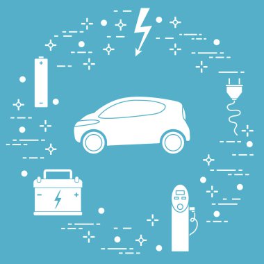 Elektrikli otomobil, pil, şarj istasyonu, elektrik güvenliği işareti, kablo, elektrik prizinden. Yeni ulaşım Çevre teknolojileri. 