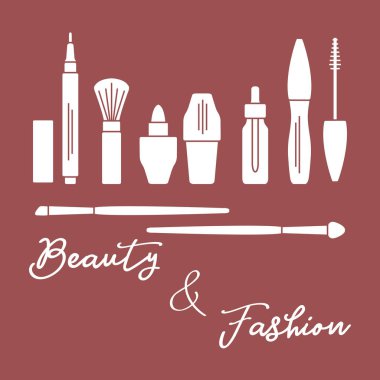 Makyaj. Dekoratif kozmetik Kozmetik yağı. Glamour moda moda stil. Göz kalemi, fırçalar, ruj, Kozmetik yağı, aplikatör, maskara.