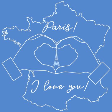 El bir kalp şekil verme. Kule, Paris sembolü. Yazıt Paris seni seviyorum. Seyahat ve eğlence.