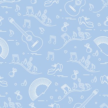 Fan, Ayakkabı, kastanyet, notlar, gitar ile Seamless modeli. Seyahat ve eğlence. İspanya'nın geleneksel semboller.