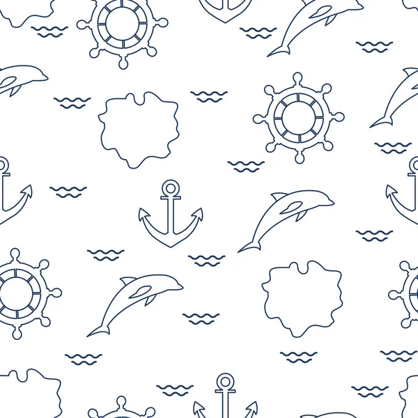 Seamless Pattern Dolphins Anchors Steering Wheels Waves Islands Summer Leisure — Stock Vector