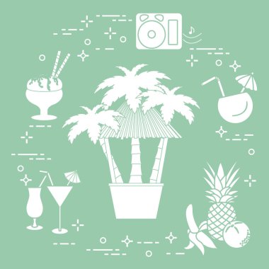 Sahilde, palmiye ağaçları, kokteyller, dondurma, müzik hoparlörler, muz, ananas, portakal Bar.