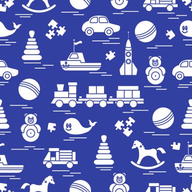 Çocuk oyuncakları ile Seamless modeli. Tren, otomobil, toplar, sallanan at, Roly, balina, bulmacalar, Piramit, tekne.