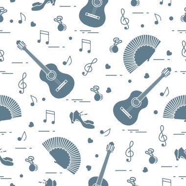 Fan, Ayakkabı, kastanyet, notlar, gitar ile Seamless modeli. Seyahat ve eğlence. İspanya'nın geleneksel semboller.
