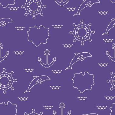 Yunuslar, çapa, direksiyon, dalgalar, Adaları ile Seamless modeli. Yaz eğlence.