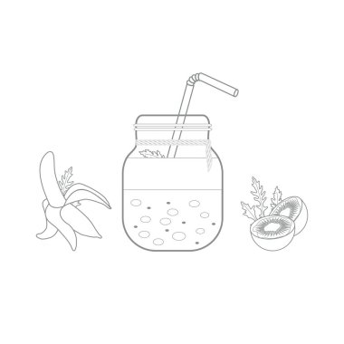Smoothies ve güler yüzlü yapmak için malzemeler ile jar. Sağlıklı beslenme alışkanlıkları. Kolay pişirme işlemi.