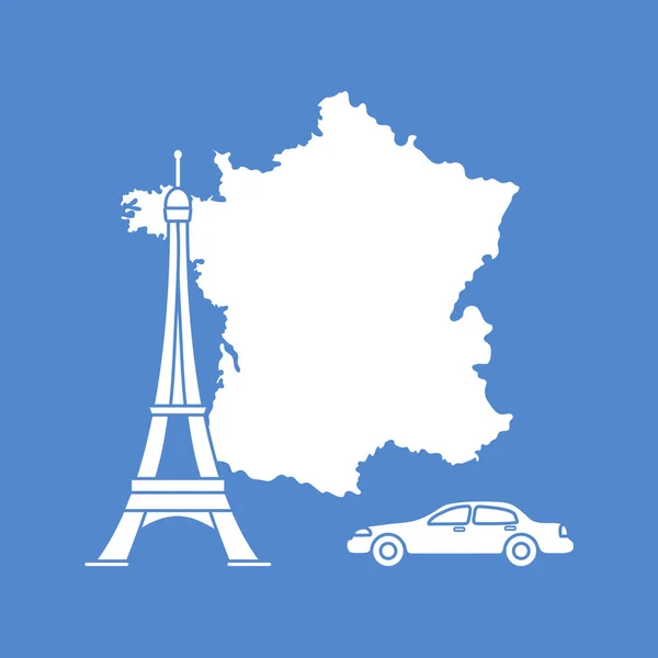Карта Франции Знаменитая Башня Парижа Автомобиль Путешествия Отдых — стоковый вектор