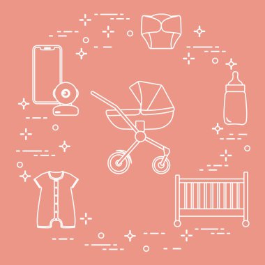 Bebekler için ürünler. Puset, beşik, Bebek telsizi, şişe, su geçirmez Külot, Tulum.