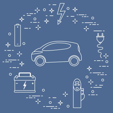 Elektrikli otomobil, pil, şarj istasyonu, elektrik güvenliği işareti, kablo, elektrik prizinden. Yeni ulaşım Çevre teknolojileri. 