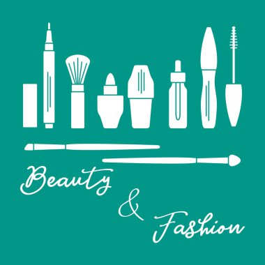 Makyaj. Dekoratif kozmetik Kozmetik yağı. Glamour moda moda stil. Göz kalemi, fırçalar, ruj, Kozmetik yağı, aplikatör, maskara.