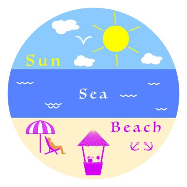 Güneş, bulutlar, kuş, deniz, dalgalar, plaj, çapa, bar, şezlong, şemsiye. Yaz eğlence.